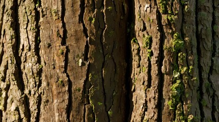 A close-up of an oak tree’s bark, showing the intricate texture and deep grooves with sunlight filtering through the leaves