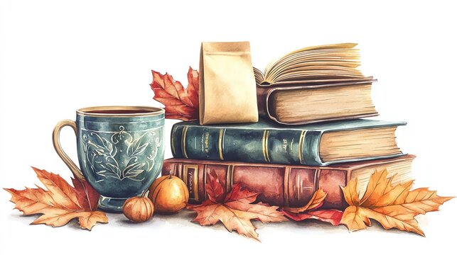 Cozy autumn scene featuring stacked books, a warm cup, and vibrant leaves, perfect for inviting fall imagery.