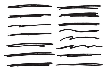 Highlighter collection, brush lines, isolated in white background. Marker yellow set, brush pen hand drawn underline.
