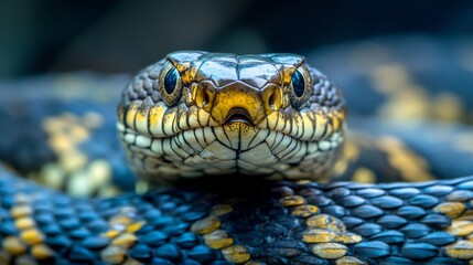 Obraz premium Intricate photograph highlighting a brightly colored snake with yellow and black patterned scales, focusing on its piercing gaze and twisting body in vivid detail.