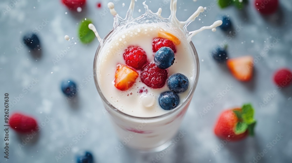 Poster mixed fruit flavored milk splashing into a glass, seen from above, with a clean backdrop perfect for