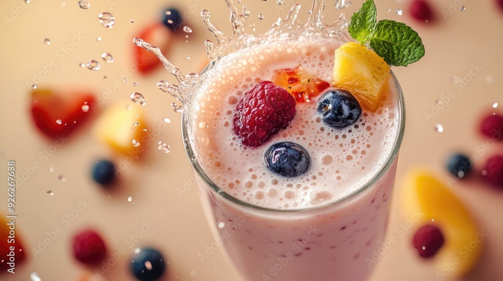 Poster mixed fruit flavored milk splashing into a glass, seen from above, with a clean backdrop perfect for