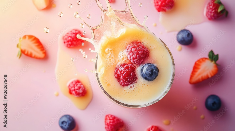 Poster mixed fruit flavored milk splashing into a glass, seen from above, with a clean backdrop perfect for