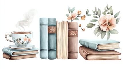Random set Stickers Whimsical illustration of vintage books with a steaming cup and floral decor, soft pastels, cozy and inviting