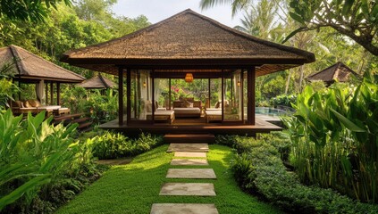 Tropical resort with thatched-roof pavilions and a pool.