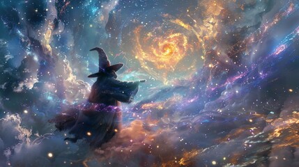 Obraz premium Wizard casting a spell in a magical sky.