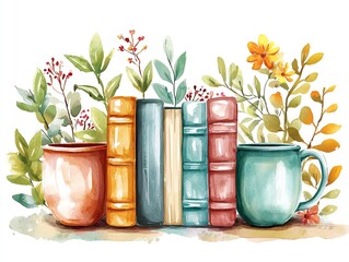 A cozy scene featuring colorful books and mugs surrounded by vibrant plants and flowers, perfect for a warm reading atmosphere.