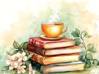A cozy stack of books with a steaming cup of tea, perfect for a relaxing reading session amidst floral accents.