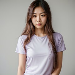 Obraz premium Pensive woman gazing at camera with long wavy hair, white shirt on 