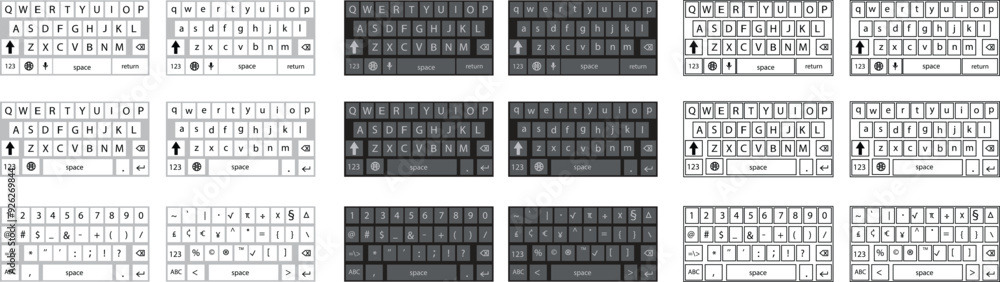 Poster set of smartphone keyboard in light, dark mode, keypad alphabet, numeral buttons in trendy modern fl