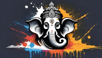 Hindu god ganesh silhouette with paint splashes.