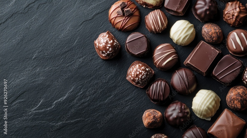 Poster top view of assorted chocolates on a dark background with ample space for text
