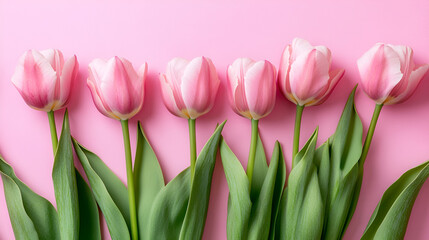 Fototapeta premium Vibrant single rose on a pink background with soft shadow Closeup shot of a vibrant pink rose in full bloom surrounded by green leaves in a garden, Generative Ai