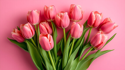 Obraz premium Vibrant single rose on a pink background with soft shadow Closeup shot of a vibrant pink rose in full bloom surrounded by green leaves in a garden, Generative Ai