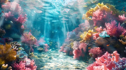 Underwater Coral Reef with Sunlight.