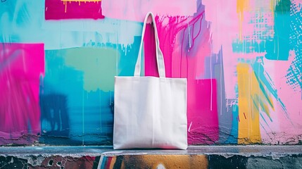 Shopping bag on on a city street background. Shopping concept. Mockup.