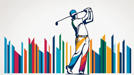 colorful line art illustration of a golfer in mid-swing holding a golf club, minimalist white background, symbolizing energy, movement, and creativity in the sport