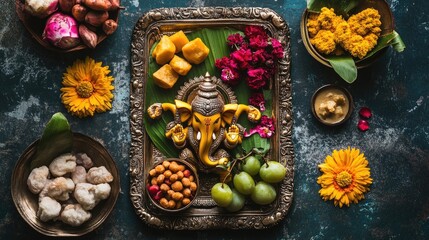 Top view of Ganesh Chaturthi offerings with fruits, sweets, and flowers on a decorative tray