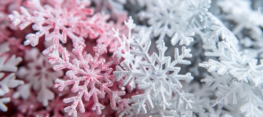 Close.up View Abstract Sparkly Pink and White Shiny Christmas Decoration Snowflakes Ornaments