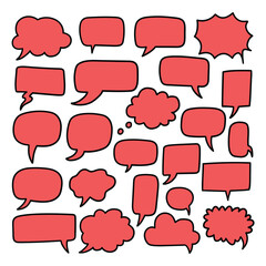 Obraz premium Hand drawn cartoon set of red speech bubbles on a white background.