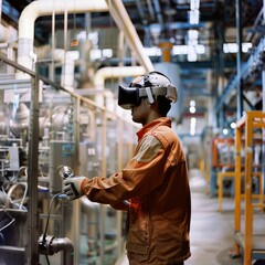 A factory worker wearing a VR headset interacts with machinery in an advanced industrial environment, emphasizing technological integration in the workspace.