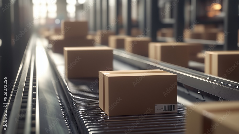 Poster boxes on a conveyor belt in an automated warehouse, symbolizing efficient logistics and streamlined 