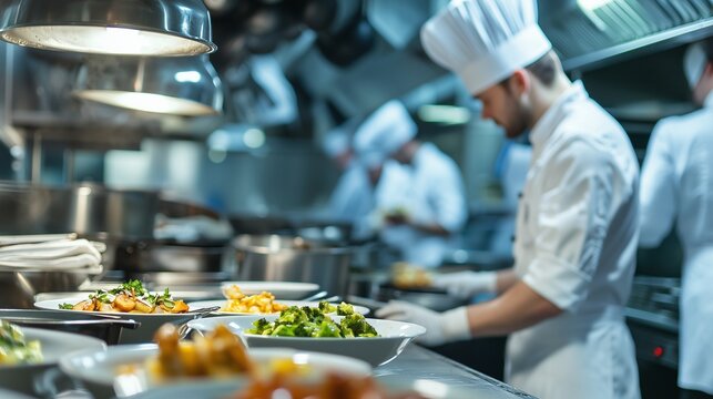 Professional chefs working in a busy restaurant kitchen, preparing dishes with precision and focus.