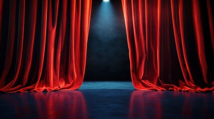 A red curtain is open to reveal a stage