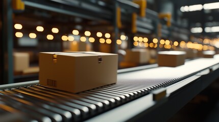 Boxes on a conveyor belt in a warehouse, symbolizing logistics and supply chain management.