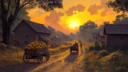 Sunset over rural village with wagon and people.