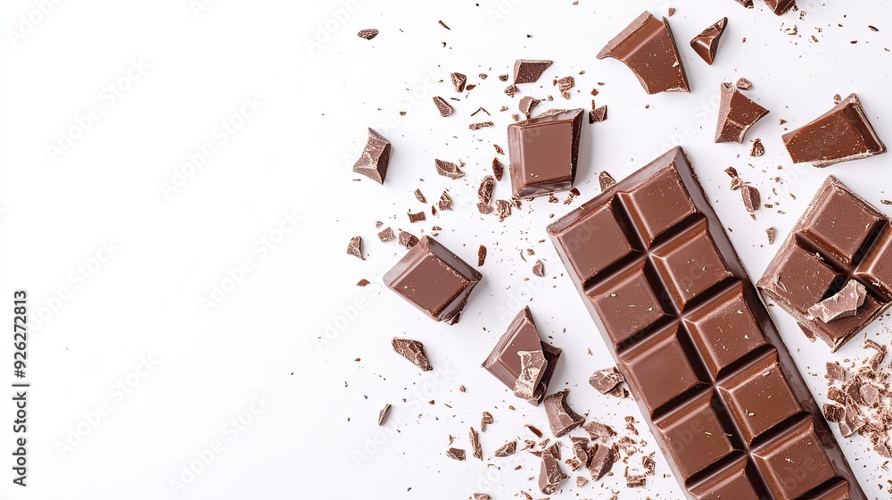 Poster top-down view of a chocolate bar broken into pieces, with clean space for adding copy