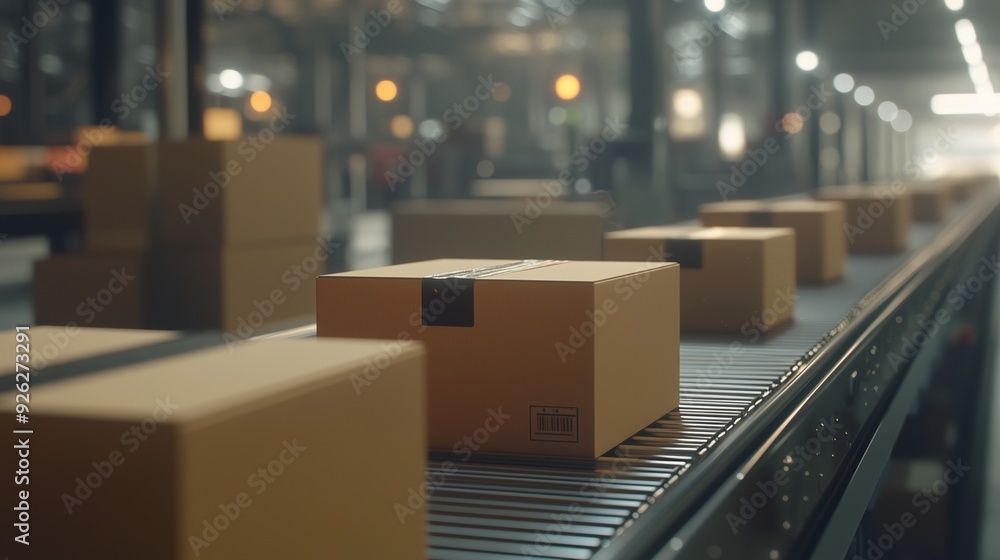 Poster conveyor belts with packages in a warehouse symbolize automation and efficiency in logistics.