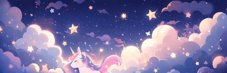 Enchanting Anime-Style Fantasy: A Dreamy Cartoon Unicorn Under a Starry Sky, a Magical Nighttime Story Theme Ideal for Abstract Art, Game Concepts, and 4K Storybook Wallpapers.