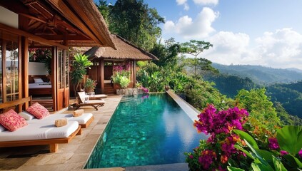 Luxury villa with infinity pool overlooking mountains.