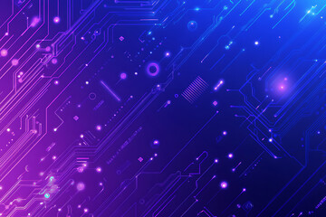 Futuristic vector illustration of an abstract circuit board with neon blue and purple gradients, showcasing intricate digital patterns and tech elements