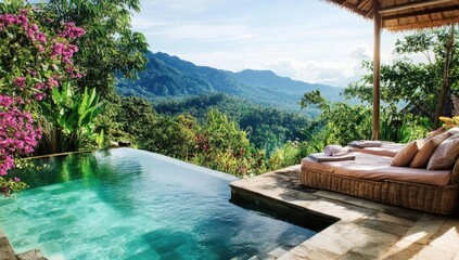 Poolside relaxation with jungle view.