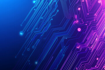 Futuristic vector illustration of an abstract circuit board with neon blue and purple gradients, showcasing intricate digital patterns and tech elements
