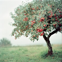Heavy, ripe red apples on a tree branch amidst a misty orchard, depicting a tranquil scene of natural abundance and serenity.