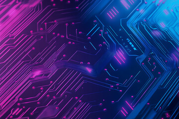 Futuristic vector illustration of an abstract circuit board with neon blue and purple gradients, showcasing intricate digital patterns and tech elements