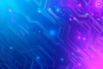 Futuristic vector illustration of an abstract circuit board with neon blue and purple gradients, showcasing intricate digital patterns and tech elements