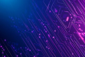 Futuristic vector illustration of an abstract circuit board with neon blue and purple gradients, showcasing intricate digital patterns and tech elements