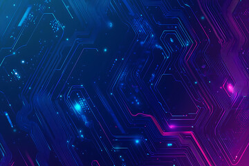 Futuristic vector illustration of an abstract circuit board with neon blue and purple gradients, showcasing intricate digital patterns and tech elements
