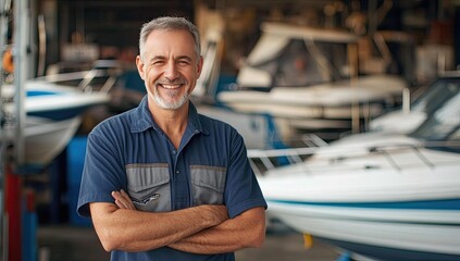 Smiling man in blue shirt standing near boats.