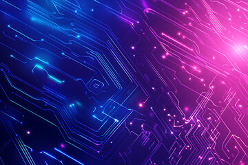 Futuristic vector illustration of an abstract circuit board with neon blue and purple gradients, showcasing intricate digital patterns and tech elements