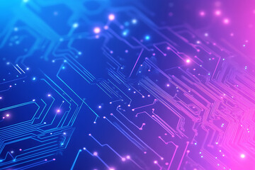 Futuristic vector illustration of an abstract circuit board with neon blue and purple gradients, showcasing intricate digital patterns and tech elements