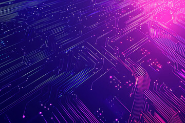 Futuristic vector illustration of an abstract circuit board with neon blue and purple gradients, showcasing intricate digital patterns and tech elements