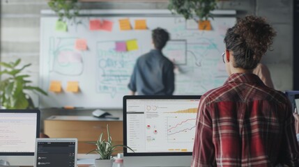 Businesswoman Looking at Data on Computer Screen with Whiteboard in Background.