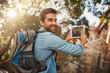 Portrait, man and tablet screen with vacation, travel and smile with tourism, Italy and memory....