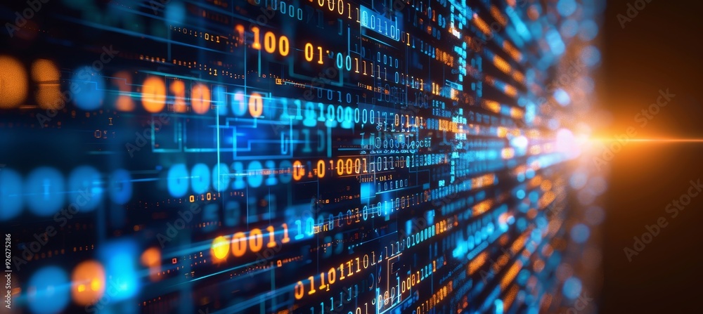 Poster digital code streaming data, numbers, and light trails for cybersecurity or encryption concept.