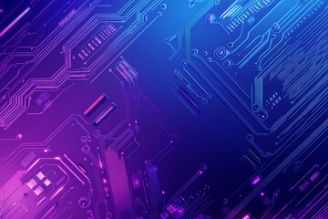 Futuristic vector illustration of an abstract circuit board with neon blue and purple gradients, showcasing intricate digital patterns and tech elements